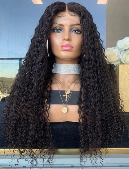 Custom Lace Front Brazilian Black Curly Human Hair Fake Scalp Wig