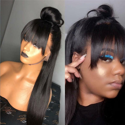 Stock 360 Degree Brazilian Natural Black Straight Human Hair Wigs with Bang