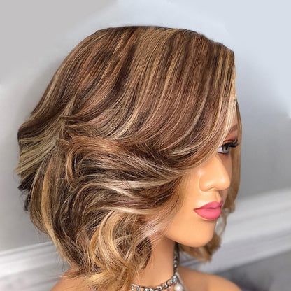 Custom Lace Front Brazilian Brown Ombre HL Pixie Wave Bob Human Hair Wig