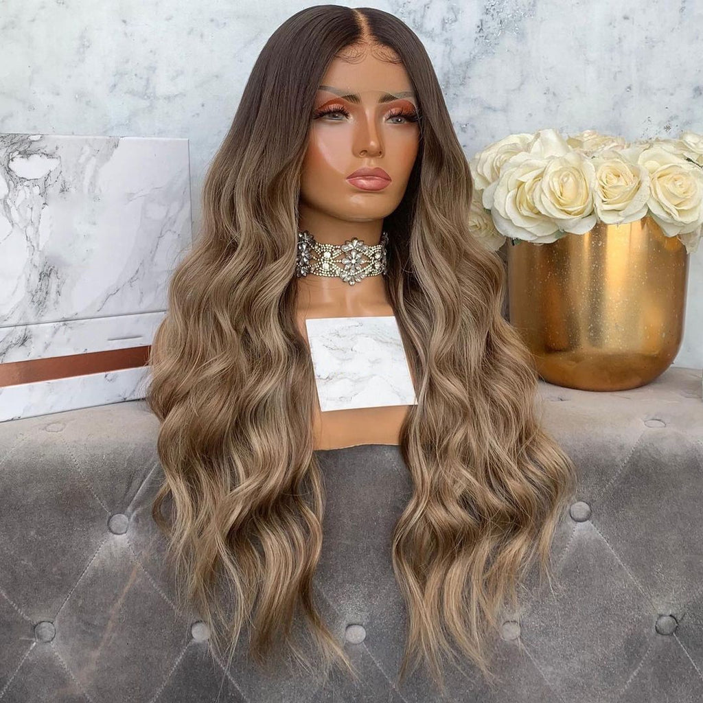 Custom Full Lace Glueless Brazilian Brown Ombre Balayage Body Wave Human Hair Wig