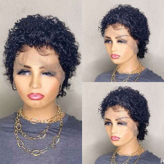 Stock Lace Front Brazilian Natural Black Curly Pixie Human Hair Wig