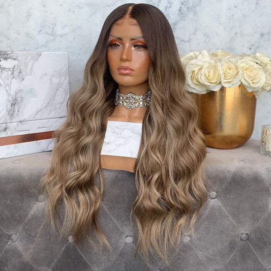 Benutzerdefinierte Full Lace Glueless Brasilianer Brown Ombre Balayage Körperwelle Echthaar Perücke 24" 180% Dichte