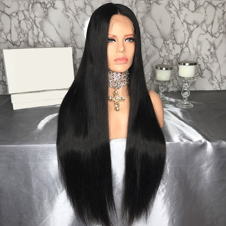 Custom Lace Front Brazilian Black Straight Fake Scalp Wig