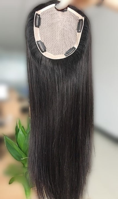 Stock European Regrrow Brown Balayage Natural Straight Double Drawn Human Hair Topper 18" with Silk Top 130% Density