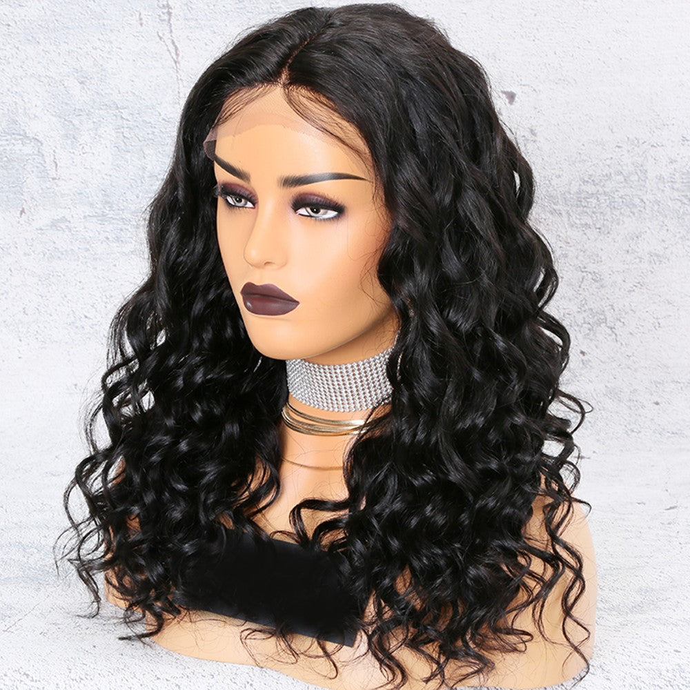 Custom Lace Front Brazilian Black Curly Human Hair Wig