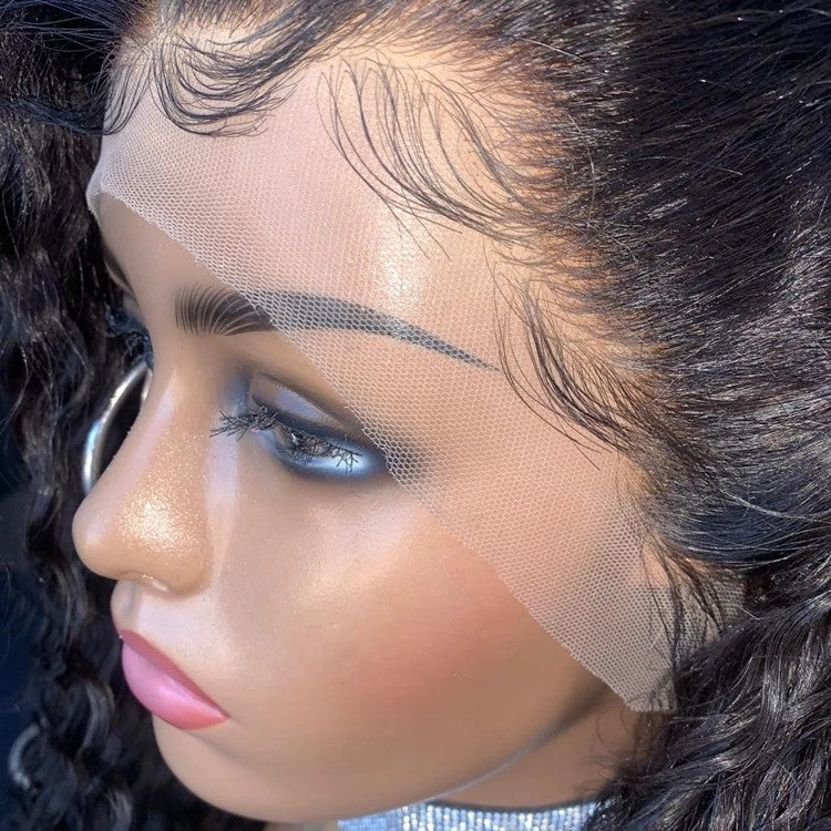 Custom Lace Front Brazilian Black Curly Human Hair Fake Scalp Wig