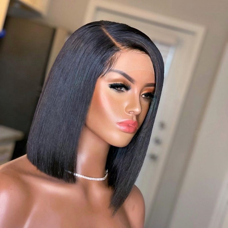 Lace Front Brazilian Natural Color Straight Blunt Cut Bob Fake Scalp Wig