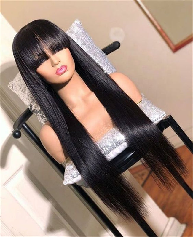 Stock 360 Degree Brazilian Natural Black Straight Human Hair Wigs with Bang