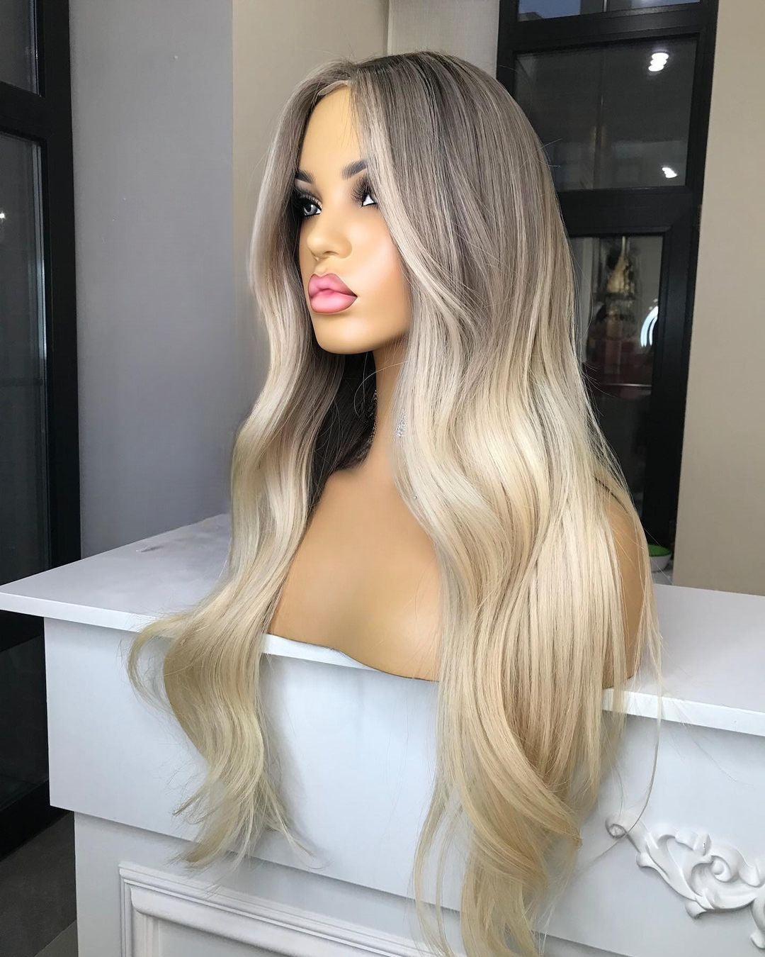 Custom Full Lace European Brown Roots/Blond Fine Balayage Highlights Natural Straight Human Hair Wig 26" with Silk Top 5" x 5" 180% Density.