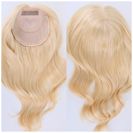 Stock European #60 Natural Straight Double Drawn Human Hair Topper 18" with Silk Top 130% Density