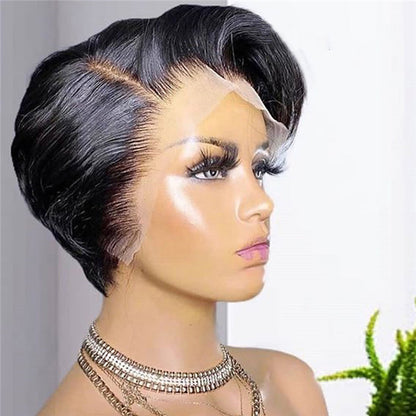 Stock Lace Front Brazilian Natural Black Natural Straight Pixie Human Hair Wig