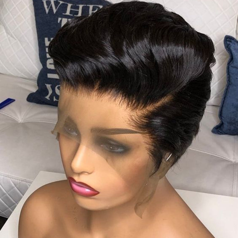 Stock Lace Front Brazilian Natural Black Natural Straight Pixie Human Hair Wig