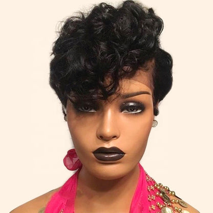 Stock Lace Front Brazilian Natural Black/99J Curly Pixie Human Hair Wig