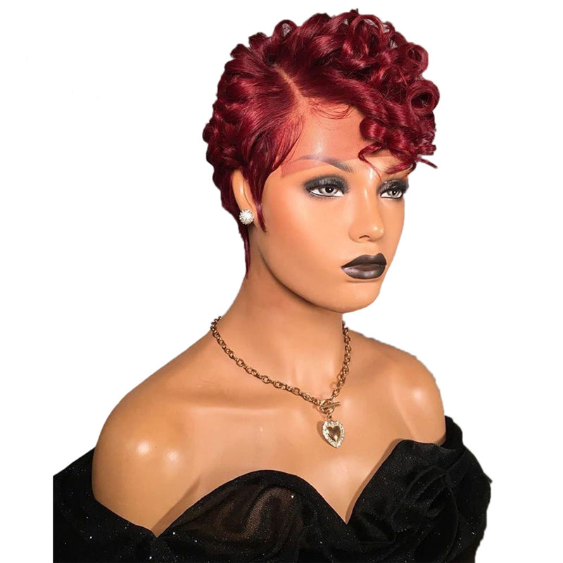 Stock Lace Front Brazilian Natural Black/99J Curly Pixie Human Hair Wig