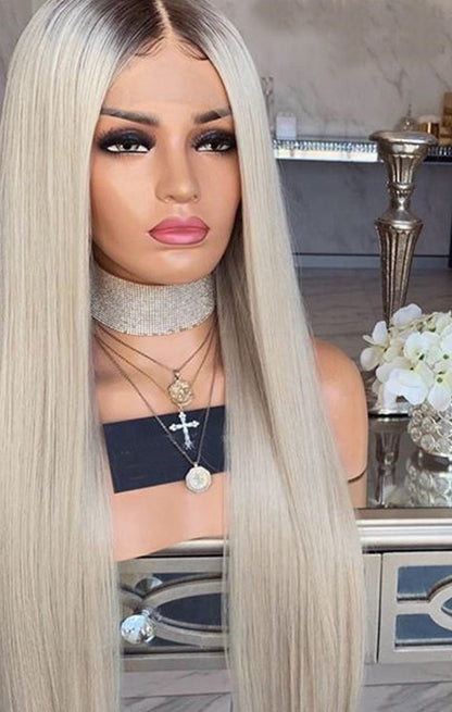 Custom Full Lace European Platinum Ombre Straight Double Drawn Human Hair Silk Top Wig