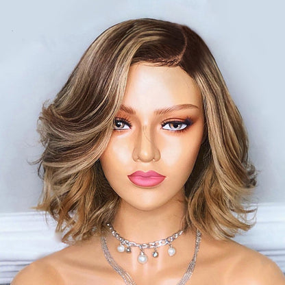 Custom Lace Front Brazilian Brown Ombre HL Pixie Wave Bob Human Hair Wig