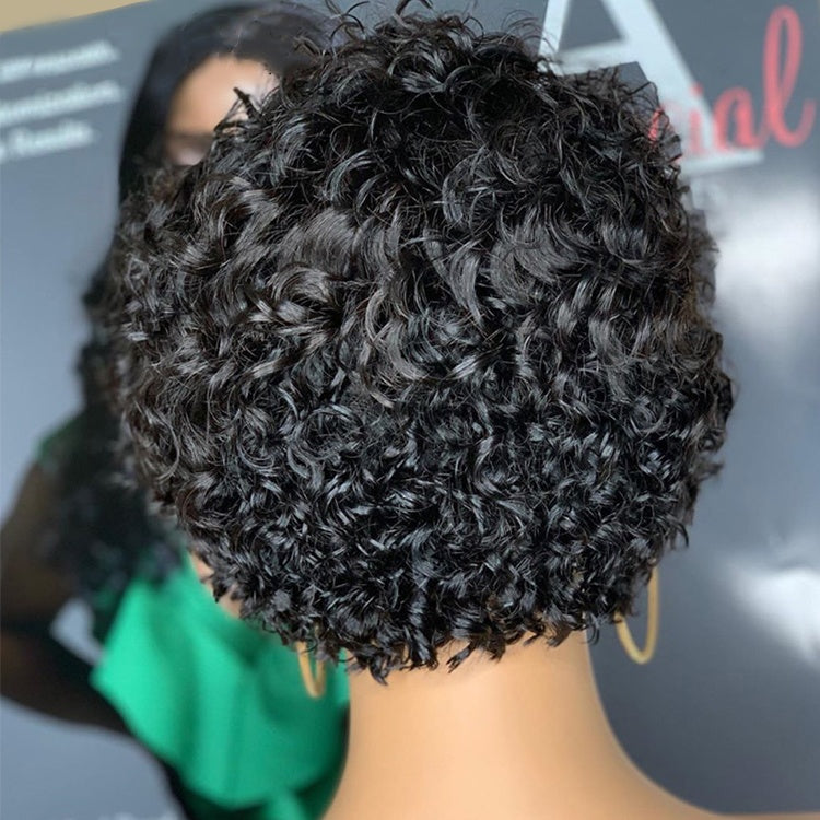 Stock Lace Front Brazilian Natural Black Curly Pixie Human Hair Wig