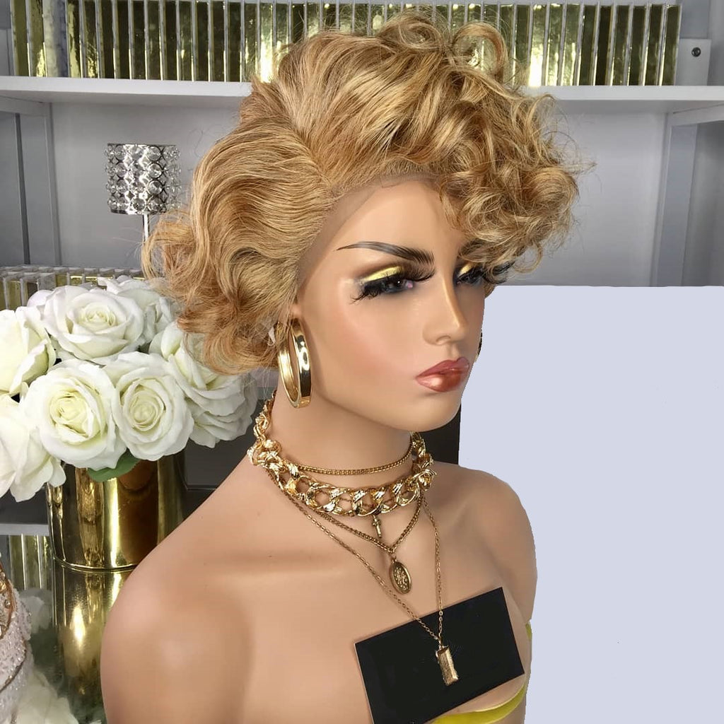 Stock Lace Front Brazilian Strawberry Blonde Curly Pixie Human Hair Wigs