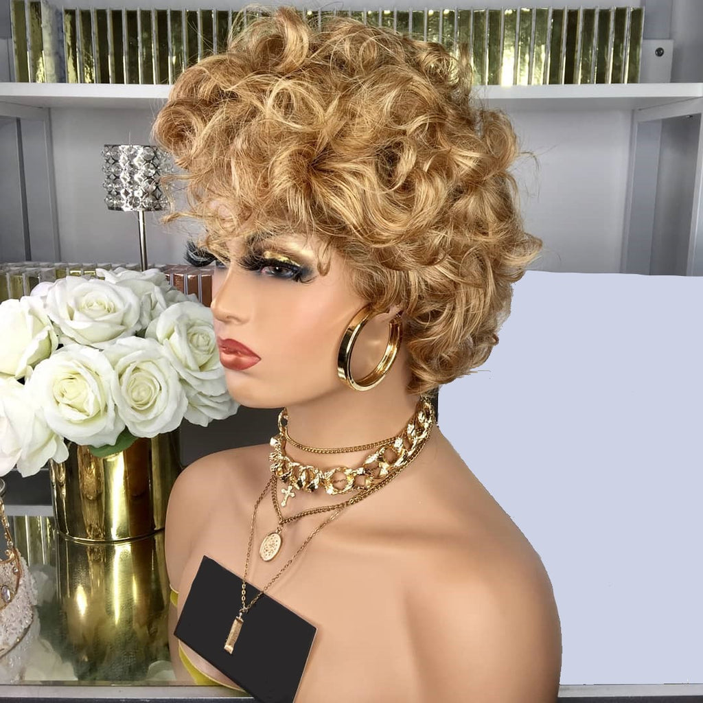 Stock Lace Front Brazilian Strawberry Blonde Curly Pixie Human Hair Wigs