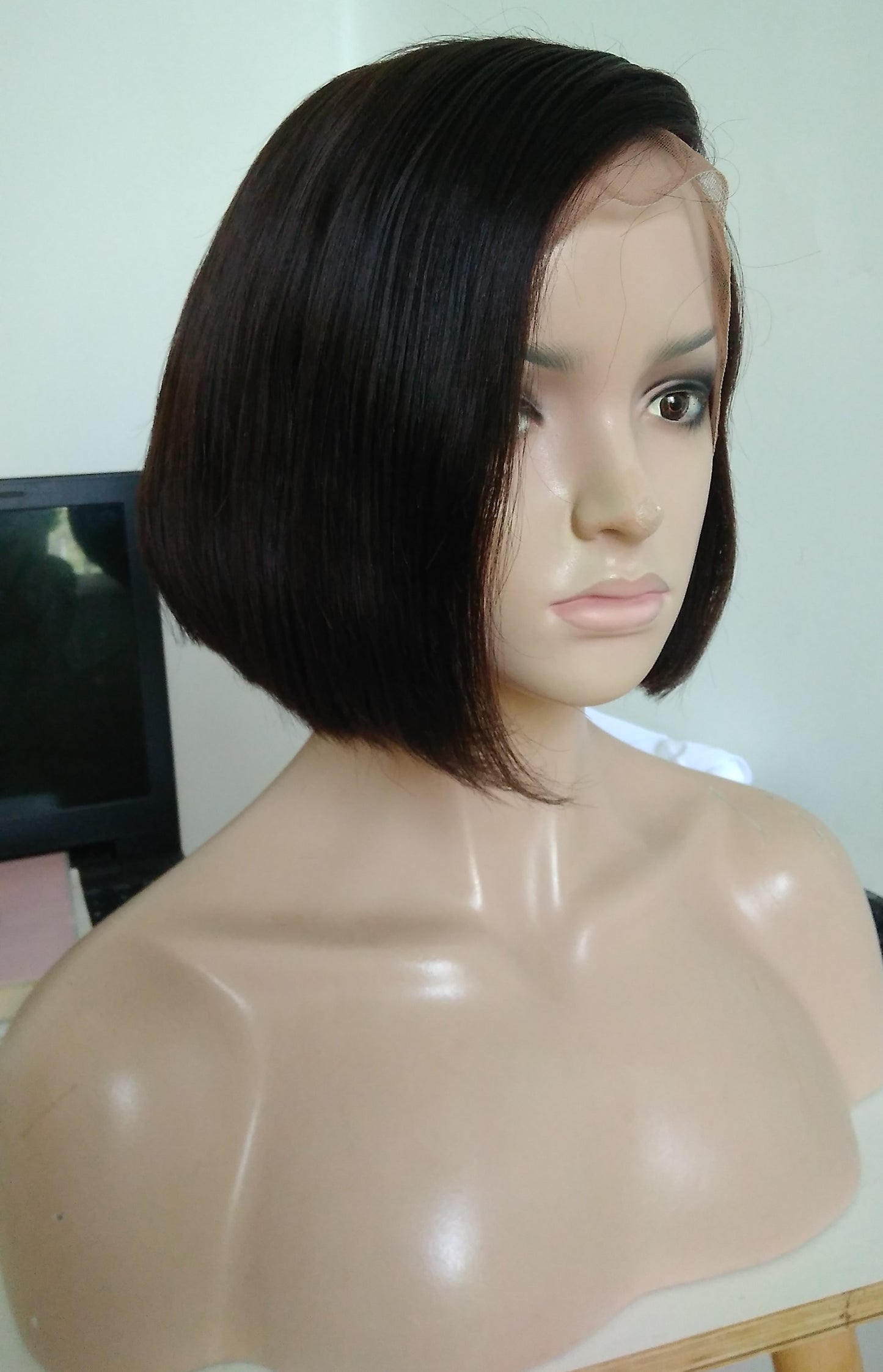 Stock Lace Front Brazilian Black Straight Pixie Angular Bob Human Hair Wig