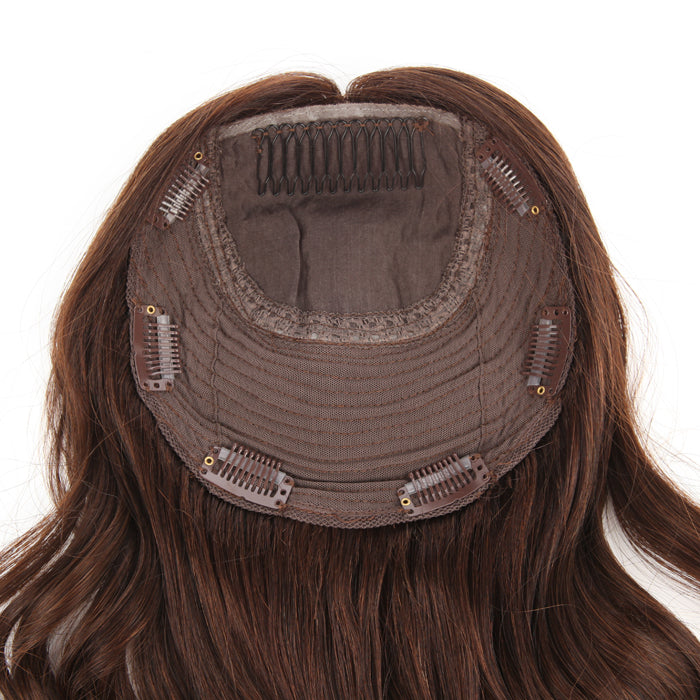 Stock European Light Dark Brown Bouncy Curl Double Drawn Human Hair Silk Top Topper