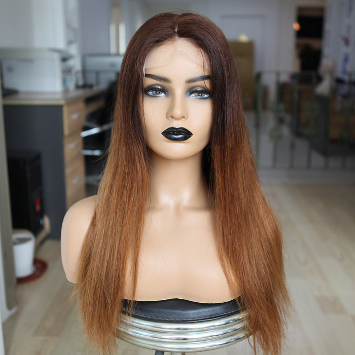 Custom Full Lace Glueless Brazilian Brown Ombre Straight Human Hair Silk Top Wig