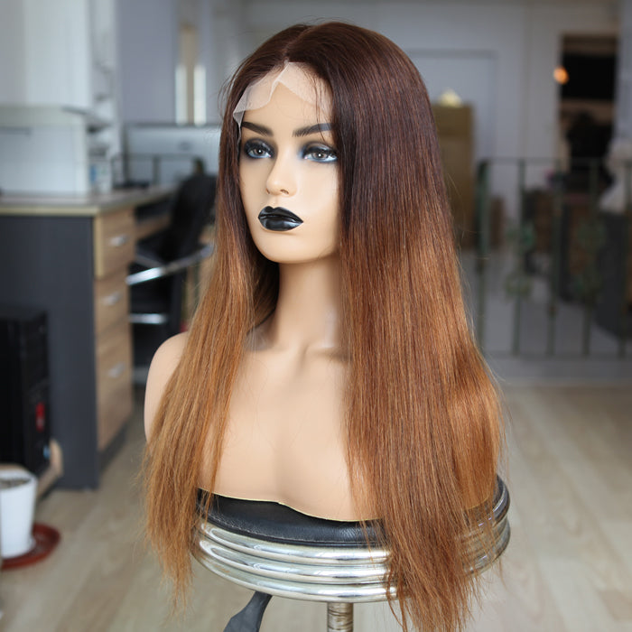 Benutzerdefinierte Full Lace Glueless Brasilianisch Braun/Blond Ombré Echthaar Perücke 20" Silk Top 4,5" x 4,5" 150% Dichte