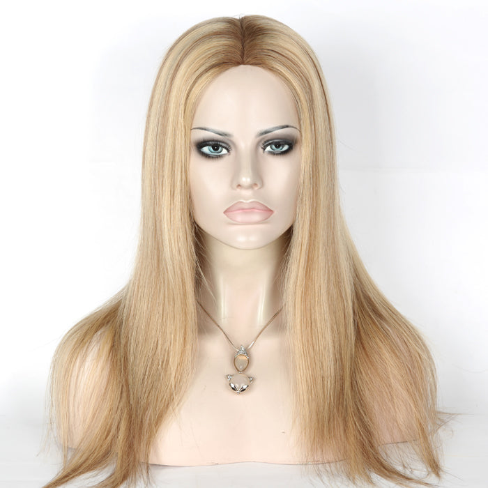 Stock Glueless European Rooted Blonde Ombre with HL Straight Human Hair Silk Top Wigs