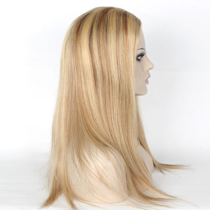 Stock Glueless European Rooted Blonde Ombre with HL Straight Human Hair Silk Top Wigs