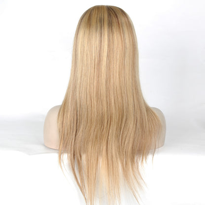 Stock Glueless European Rooted Blonde Ombre with HL Straight Human Hair Silk Top Wigs