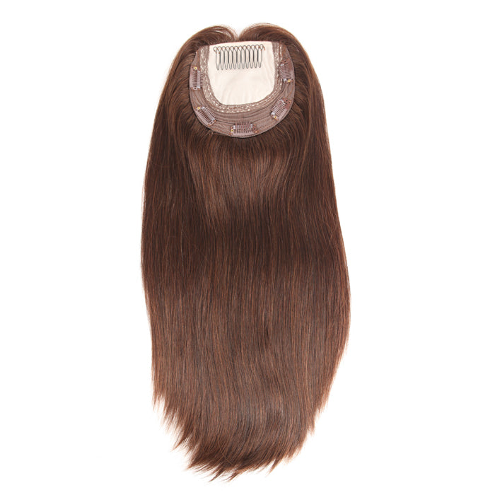 Stock European Light Dark Brown Straight Human Hair Silk Base Topper