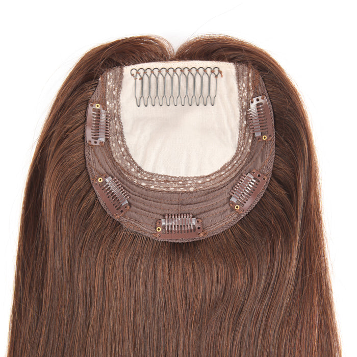 Stock European Light Dark Brown Straight Human Hair Silk Base Topper