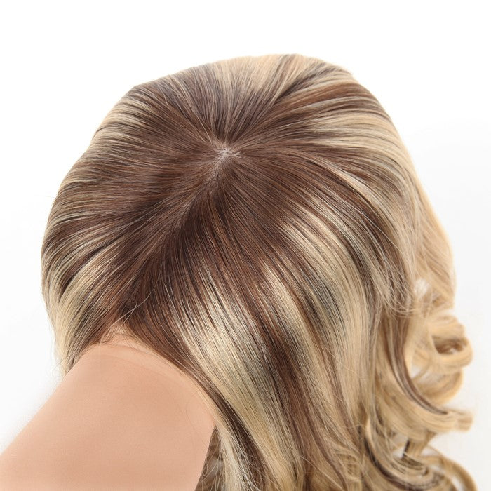 Stock European Brown Ombre with HL Bouncy Curl Double Drawn Human Hair Silk Top Topper