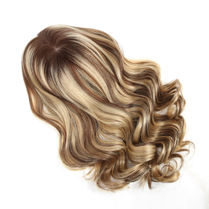 Stock European Brown Ombre with HL Bouncy Curl Double Drawn Human Hair Silk Top Topper