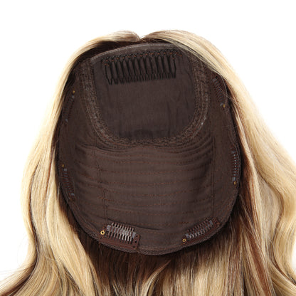 Stock European Brown Ombre with HL Bouncy Curl Double Drawn Human Hair Silk Top Topper