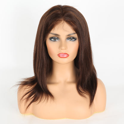 Stock Full Lace Indian Remy Brown Evenly Blended Yaki Human Hair Wigs