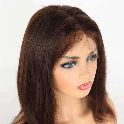 Stock Full Lace Indian Remy Brown Evenly Blended Yaki Human Hair Wigs