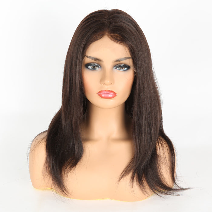 Stock Full Lace Indian Remy Dark Brown Yaki Human Hair Wig