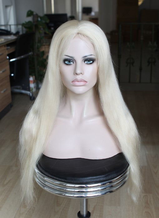 Custom Full Lace European Platinum Straight Double Drawn Human Hair Silk Top Wigs