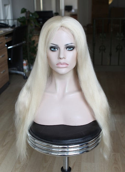 Custom Full Lace European Platinum Blonde Straight Human Hair Silk Top Wigs