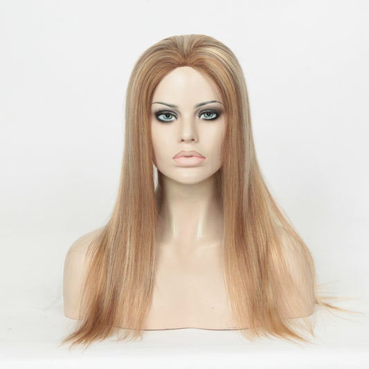 Stock Glueless European Rooted Blonde with Brown HL Straight Human Hair Silk Top Wig