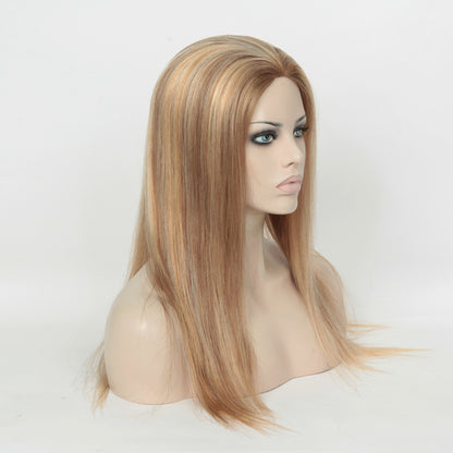 Stock Glueless European Rooted Blonde with Brown HL Straight Human Hair Silk Top Wig