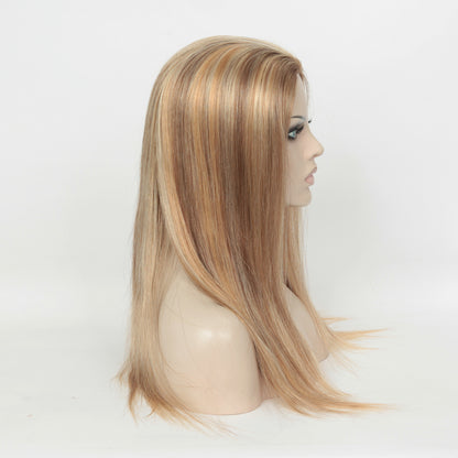 Stock Glueless European Rooted Blonde with Brown HL Straight Human Hair Silk Top Wig