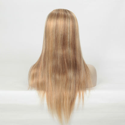 Stock Glueless European Rooted Blonde with Brown HL Straight Human Hair Silk Top Wig