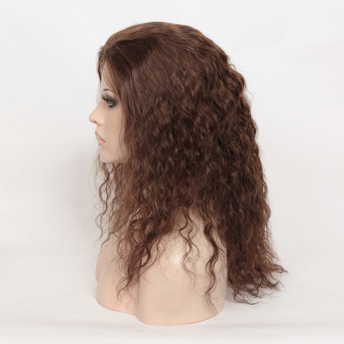 Stock Glueless Brazilian Brown Blended Natural Curly Human Hair Silk Top Wig