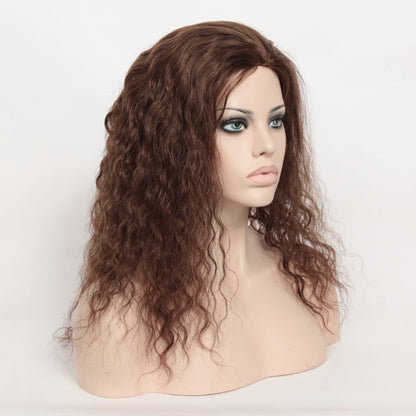 Stock Glueless Brazilian Brown Blended Natural Curly Human Hair Silk Top Wig