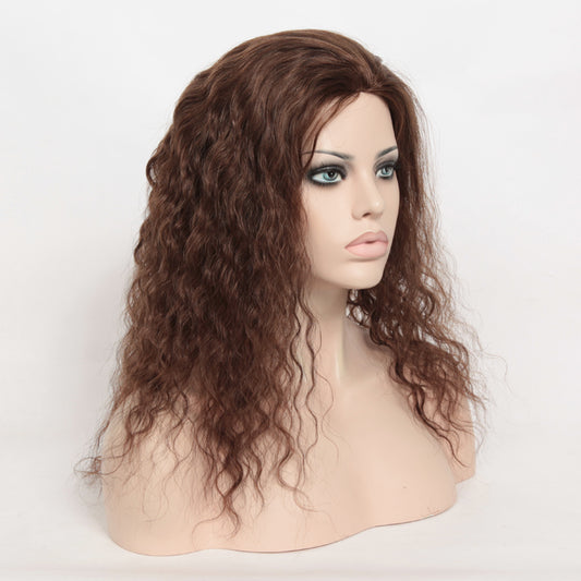 Stock Glueless Brazilian Brown Blended Natural Curly Human Hair Silk Top Wig