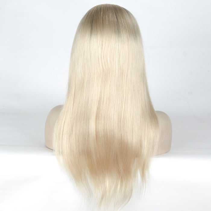 Stock Glueless European Rooted White Straight Human Hair Silk Top Wigs