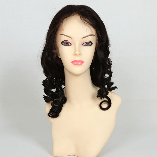 Stock Full Lace Indian Remy #1B Big Curl Human Hair Wig 16" 130% Density