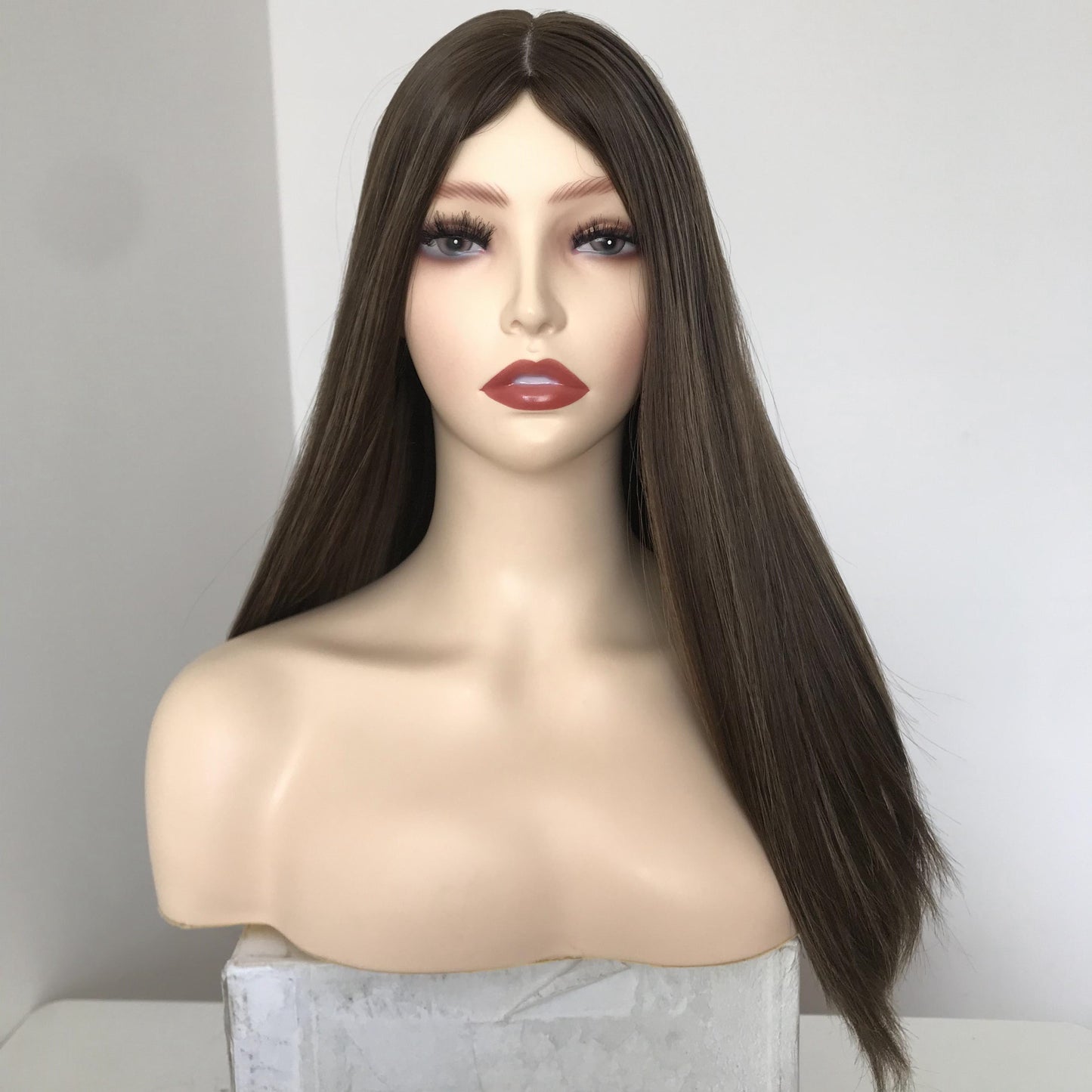 Stock European Chestnut Brown with HL Straight with Wave Small Layer Silk Top Jewish Wig